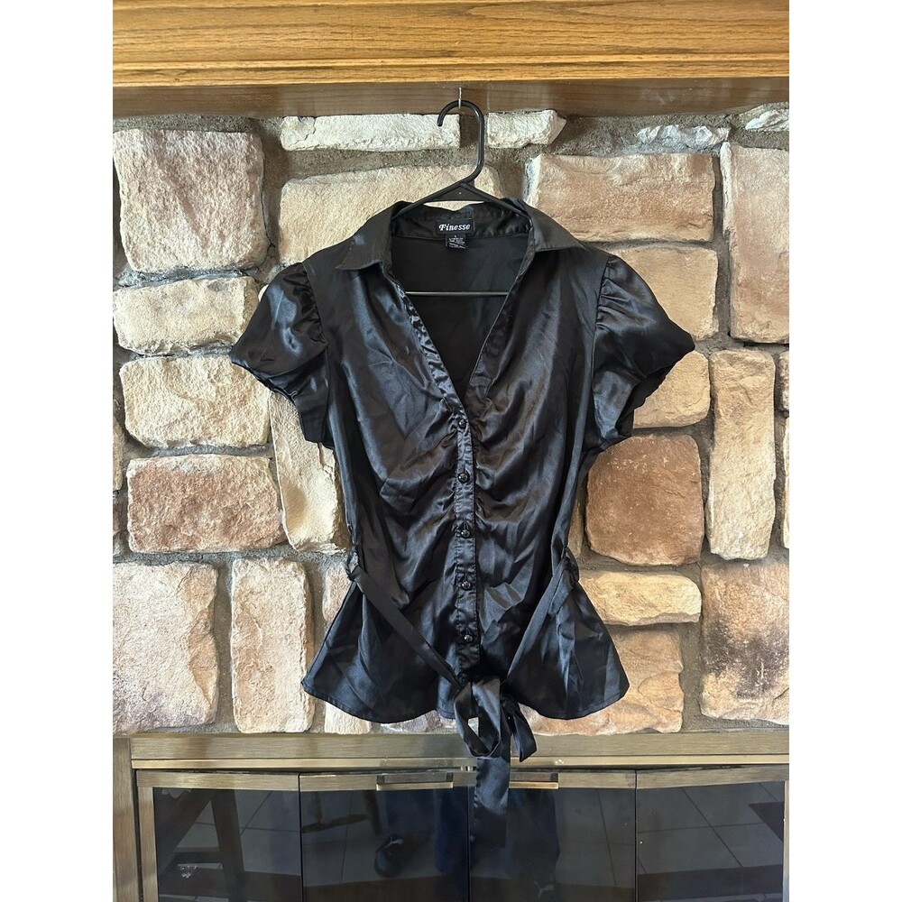 Y2K Finesse Office Siren Gothic Black Button Up Tie Short Sleeve Women L Satin